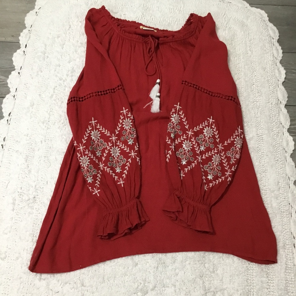 Sweet Magnolia Embellished Peasant Balloon Sleeve Top Size L